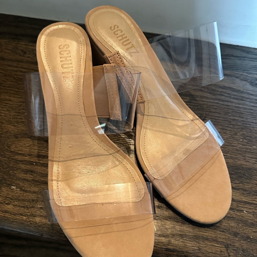 Schutz Clear Strap Tan Block Heels - Picture 3 of 3